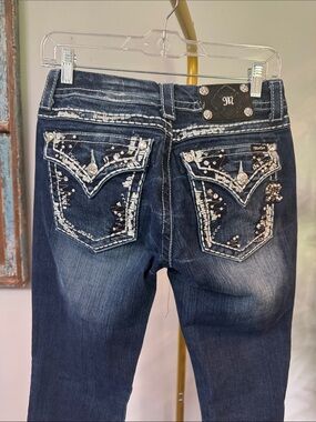 Miss Me slim boot heavy stitch Dark Blue Embellished Skinny Jeans altered 28